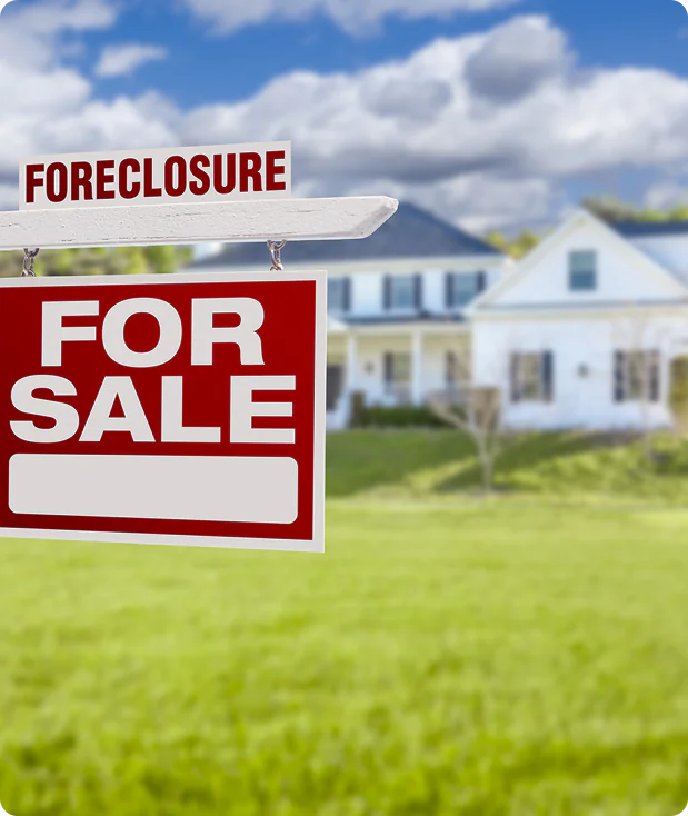 House for sale with a for-closure sign